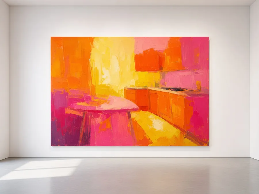 A tall painting of a kitchen in hot orange, pink and yellow on a white gallery wall