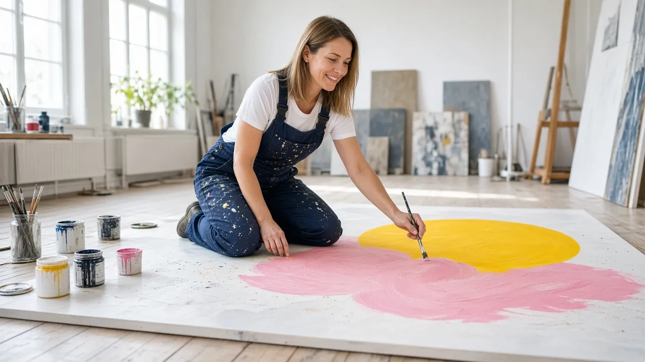 Astrid Nyland in paint flecked overalls kneels on her studio floor painting a yellow sun and pink cloud on a huge canvas