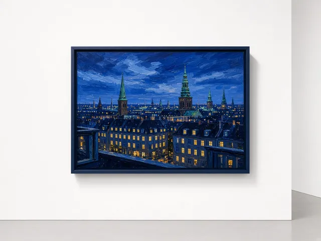 A painting of Copenhagen rooftops and green spires at dusk in deep blues