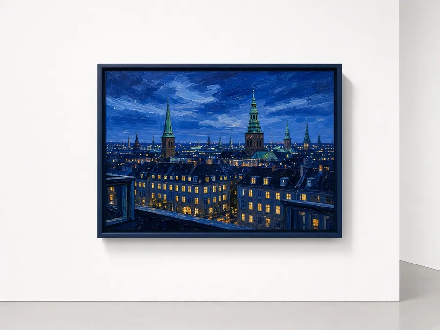 A painting of Copenhagen rooftops and green spires at dusk in deep blues