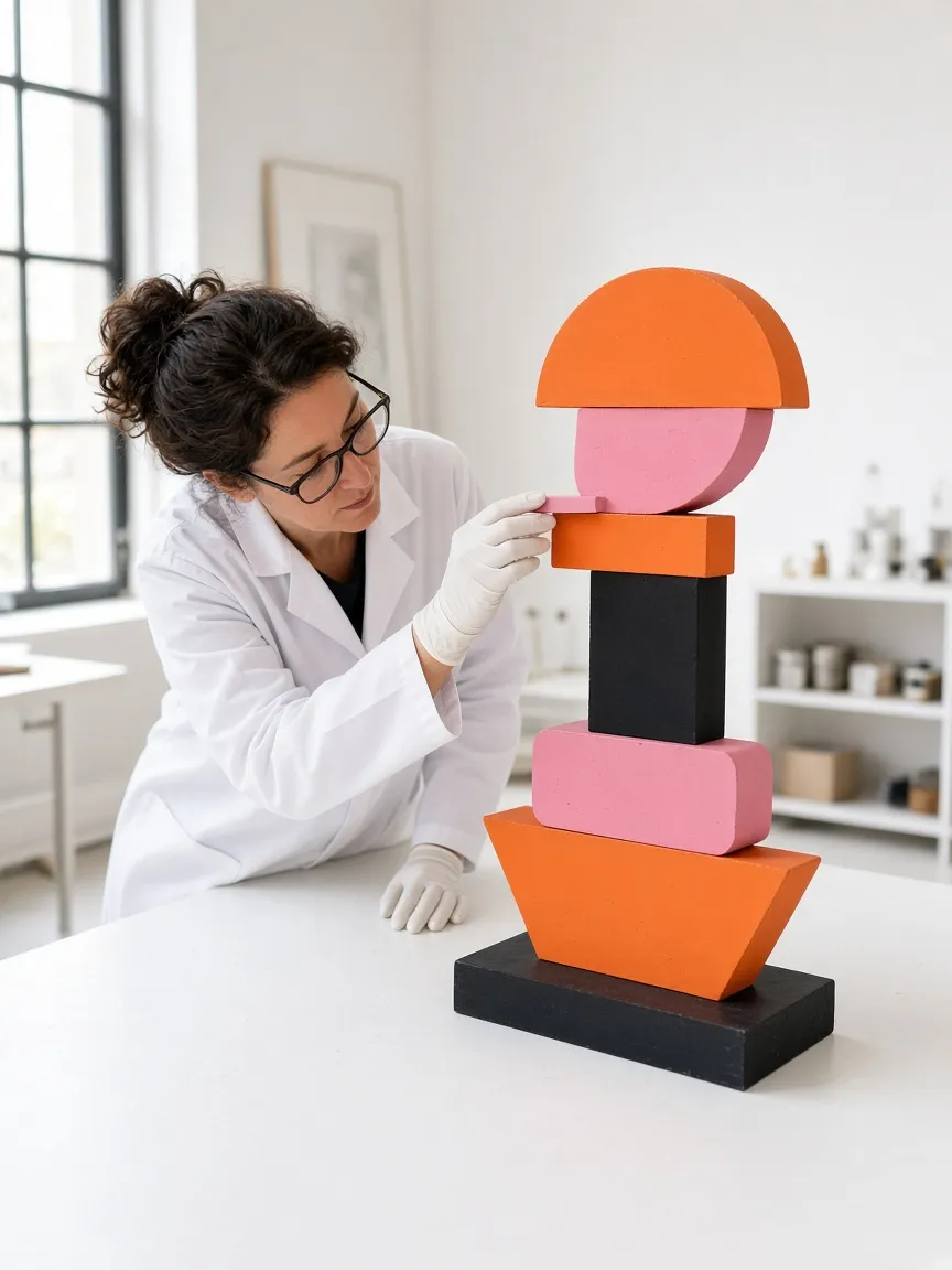 A conservator in a lab coat and gloves inspects a stacked orange, pink and black sculpture on a white table