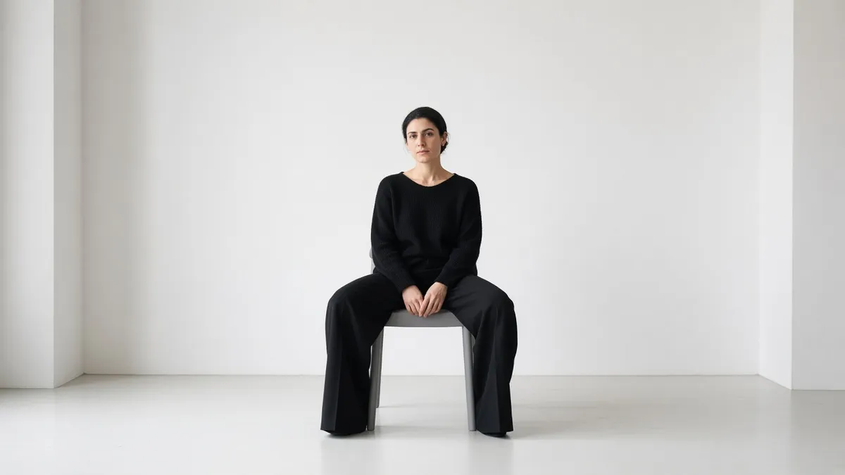 Chiara Montanari in black sits very still on a single grey chair in an empty white room