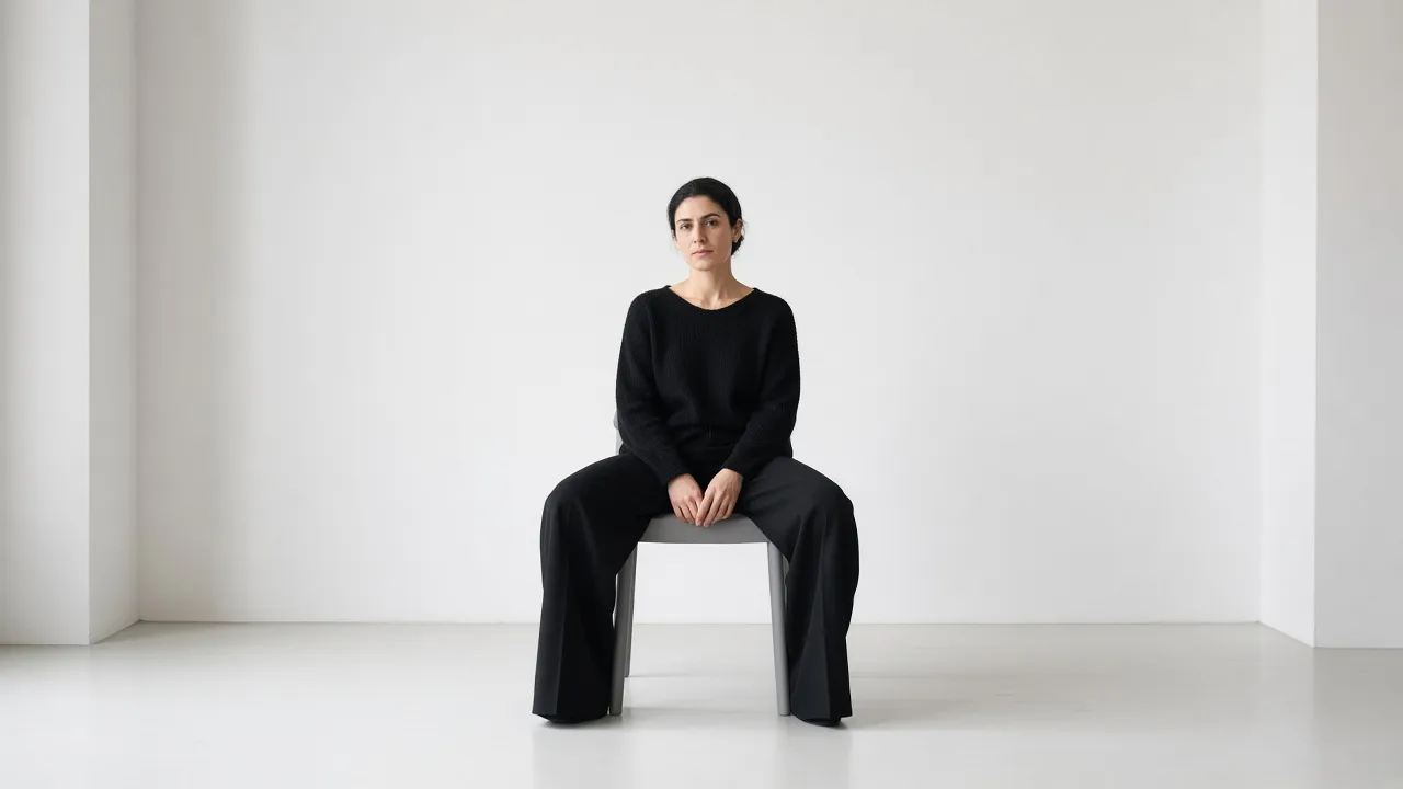 Chiara Montanari in black sits very still on a single grey chair in an empty white room