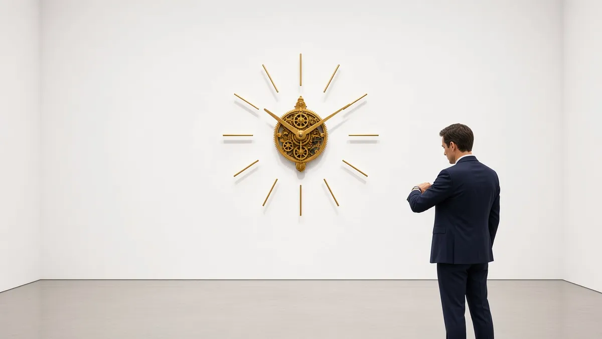 A visitor in a navy suit checks his watch beside a large brass clock with an open gear centre on a white gallery wall