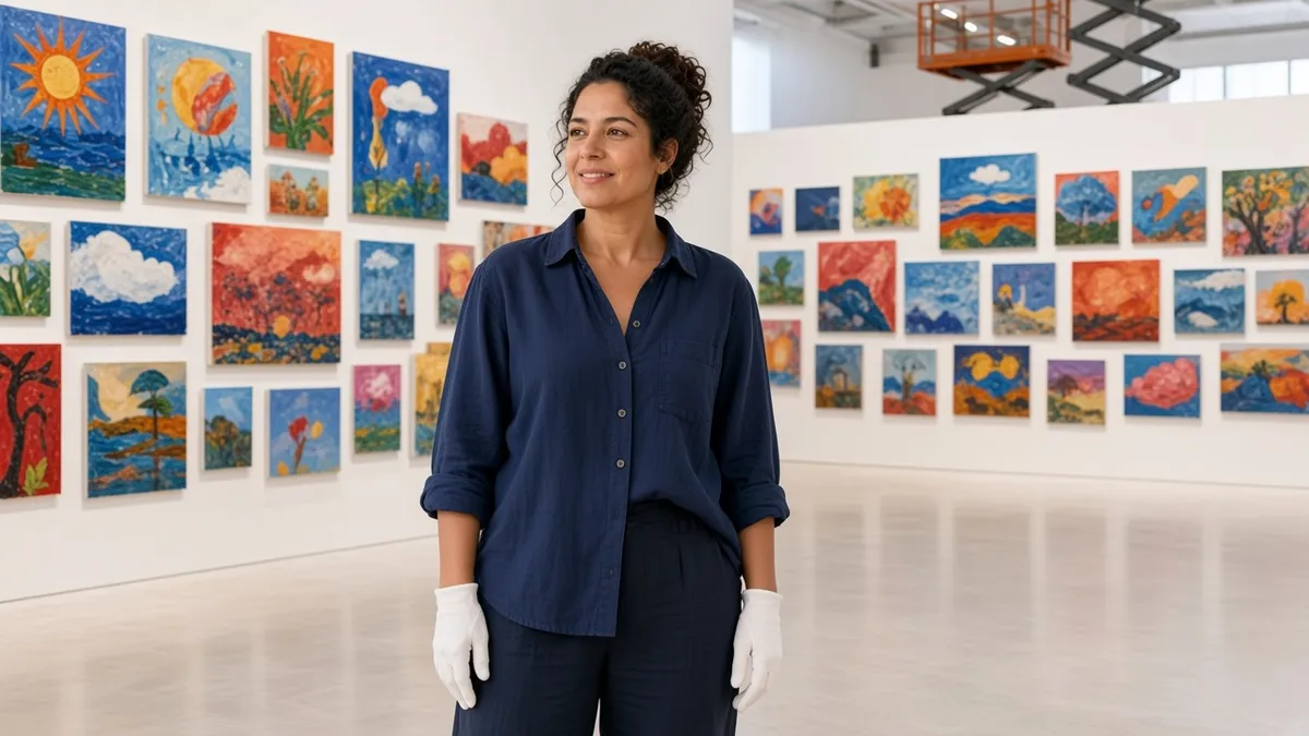 A woman in a navy shirt and white gloves stands in front of a wall of small bright paintings