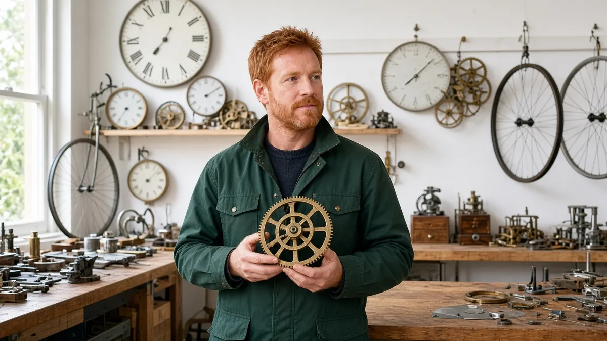 Elliot Marsh in a green work jacket holds a brass gear in his workshop full of clocks and bicycle wheels