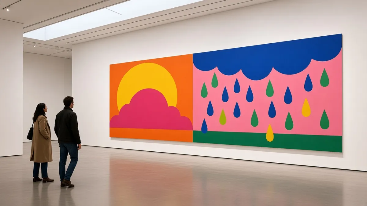 Two visitors look at a very wide painting of a yellow sun behind a pink cloud on orange and blue and green rain on pink, in a white skylit hall