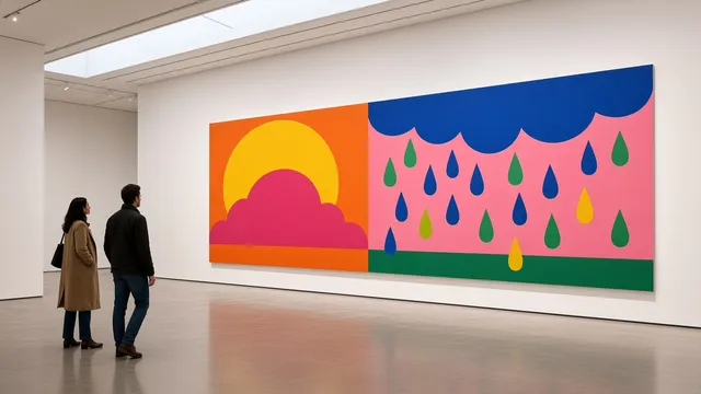 Two visitors look at a very wide painting of a yellow sun behind a pink cloud on orange and blue and green rain on pink, in a white skylit hall