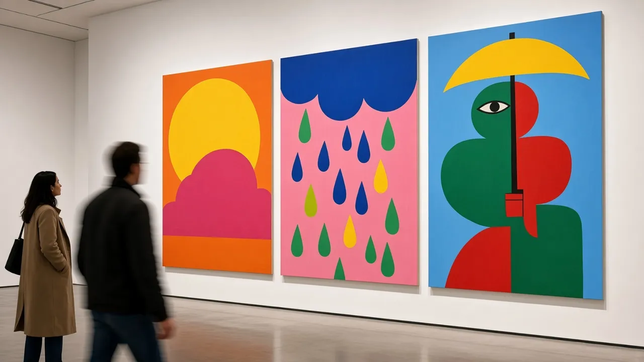 Three large bright paintings of a yellow sun over a pink cloud, rain on pink and a one eyed figure under a yellow umbrella, with two visitors