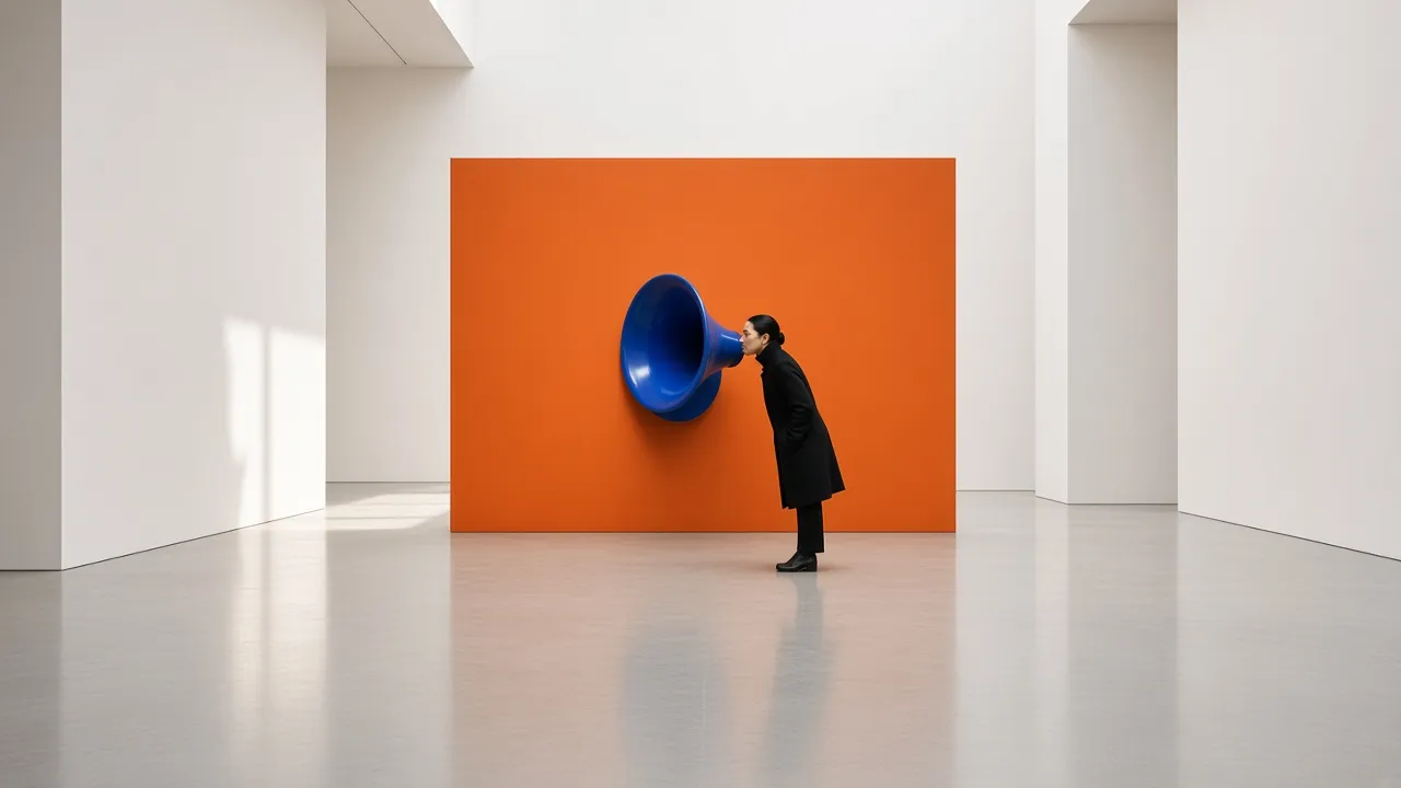 A visitor in black leans in to listen to a giant blue horn mounted on an orange wall in a white gallery