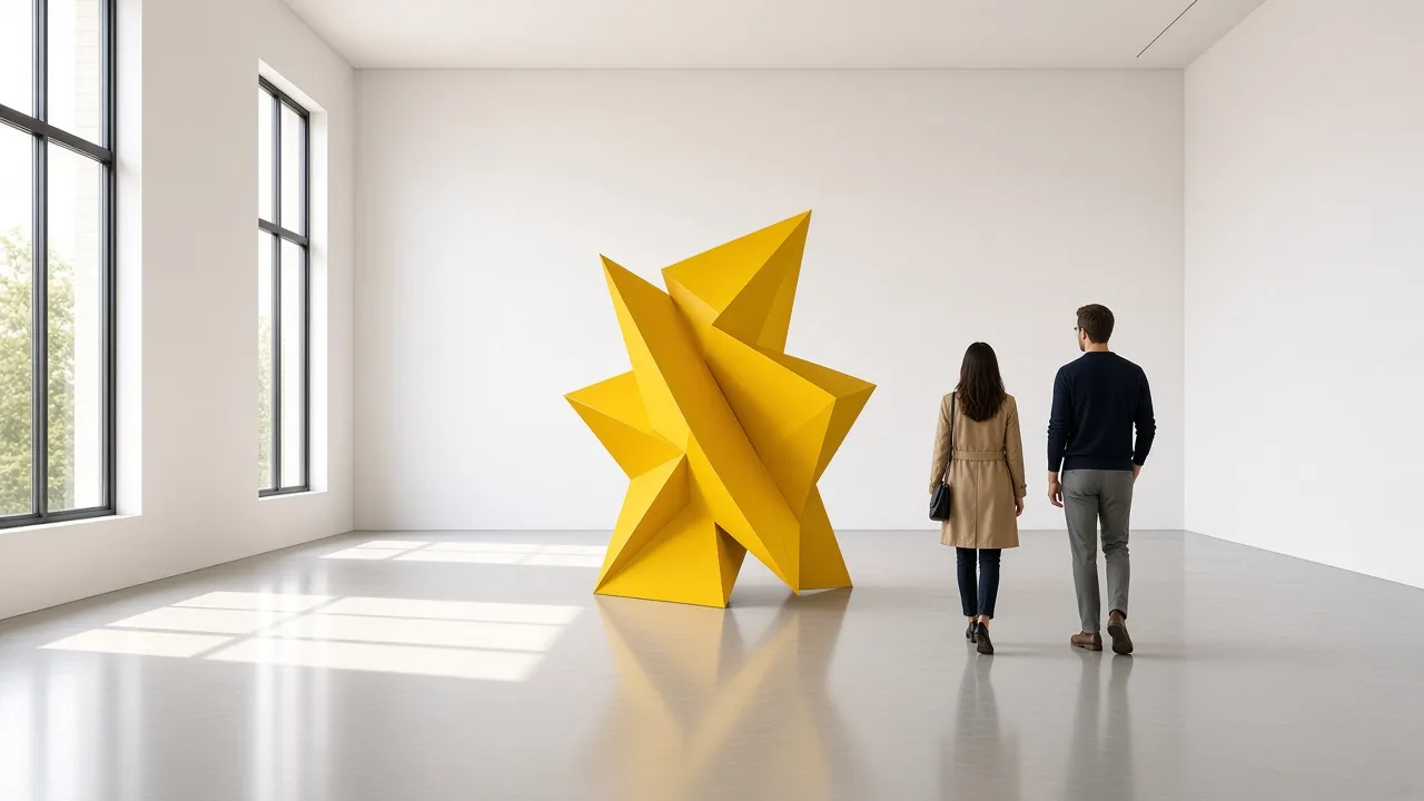 Two visitors walk past a large folded yellow aluminium sculpture in a white gallery with tall windows