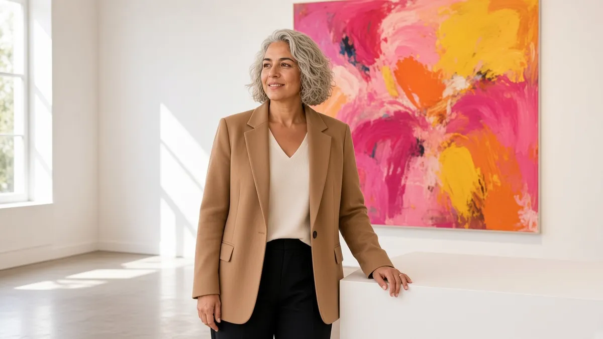 A woman in a camel blazer stands in a white gallery beside a bright pink, orange and yellow painting