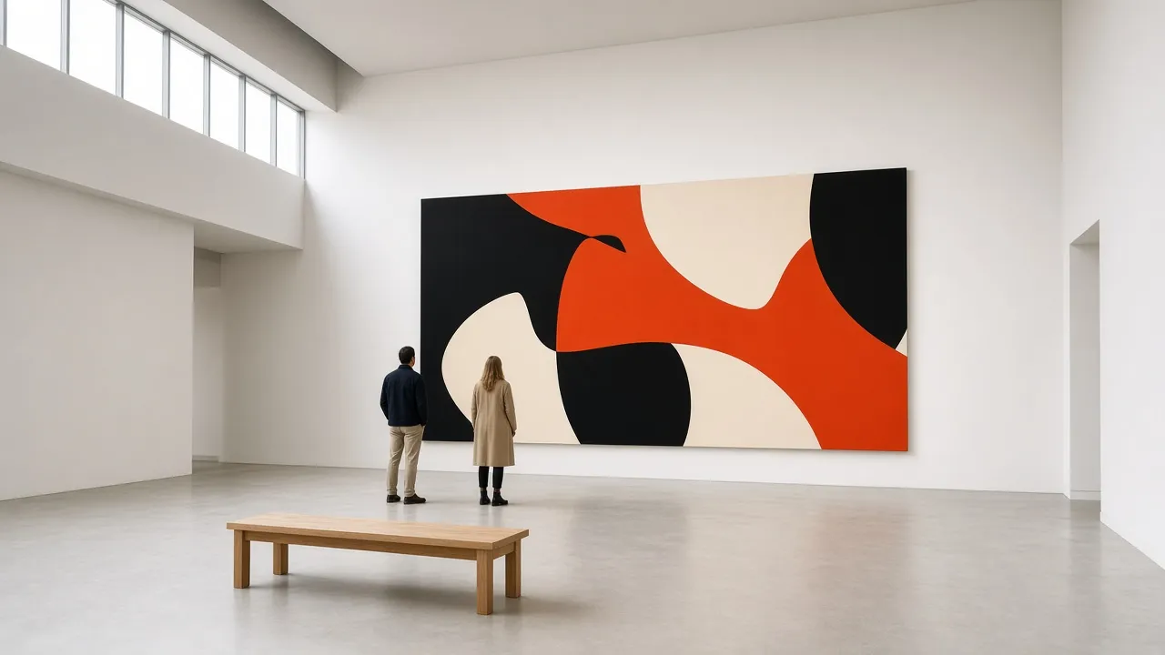 Two visitors stand before a large black, orange and cream painting in a bright white gallery