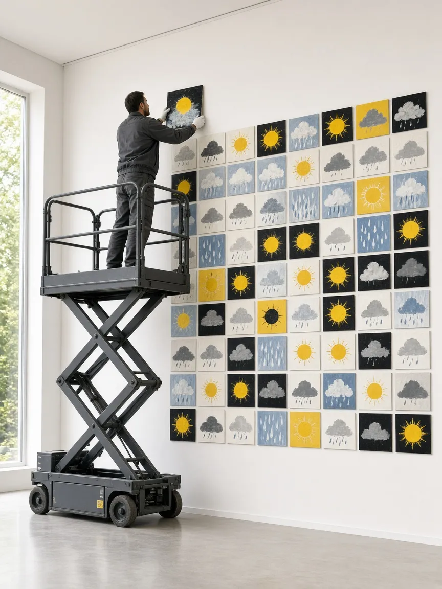 A technician in white gloves on a scissor lift places a panel into a wall of small sun, cloud and rain paintings