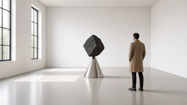 A visitor in a camel coat looks at a dark granite block balanced on a polished steel cone in a white gallery