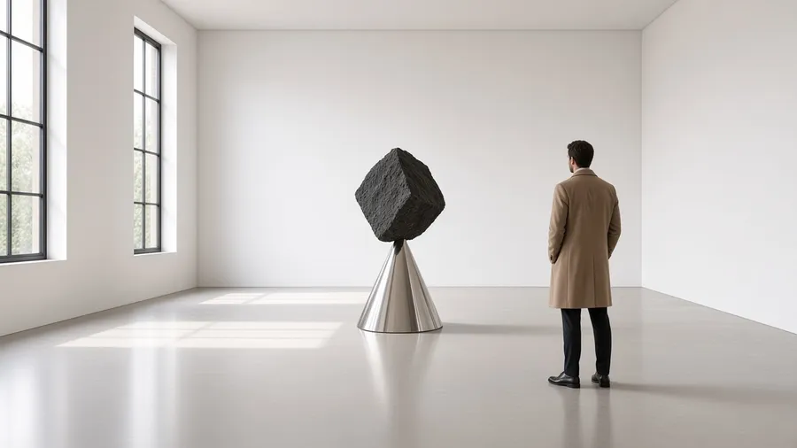A visitor in a camel coat looks at a dark granite block balanced on a polished steel cone in a white gallery
