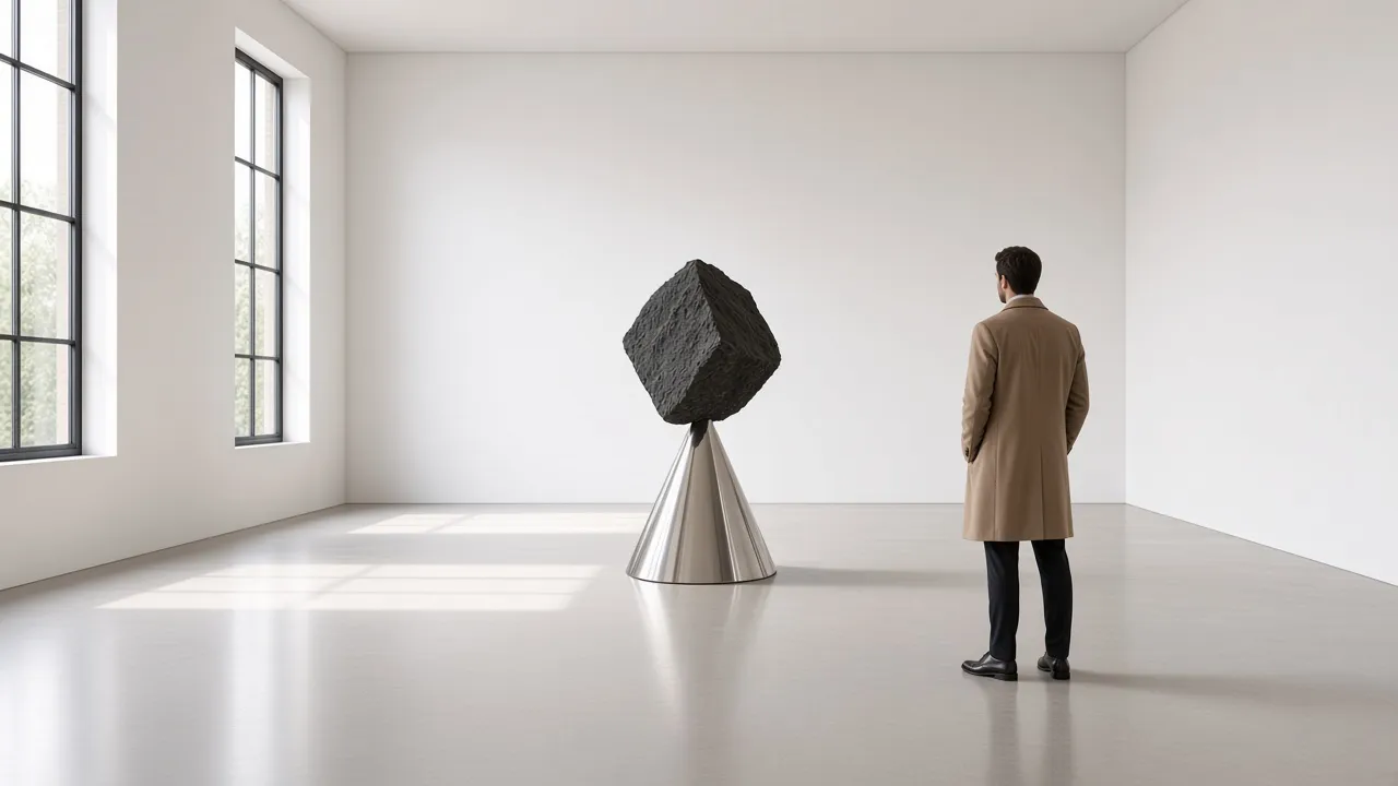 A visitor in a camel coat looks at a dark granite block balanced on a polished steel cone in a white gallery
