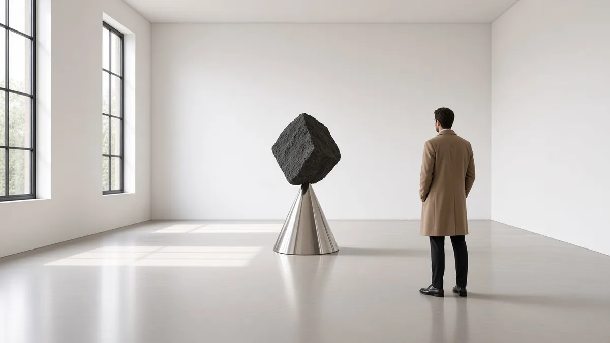A visitor in a camel coat looks at a dark granite block balanced on a polished steel cone in a white gallery