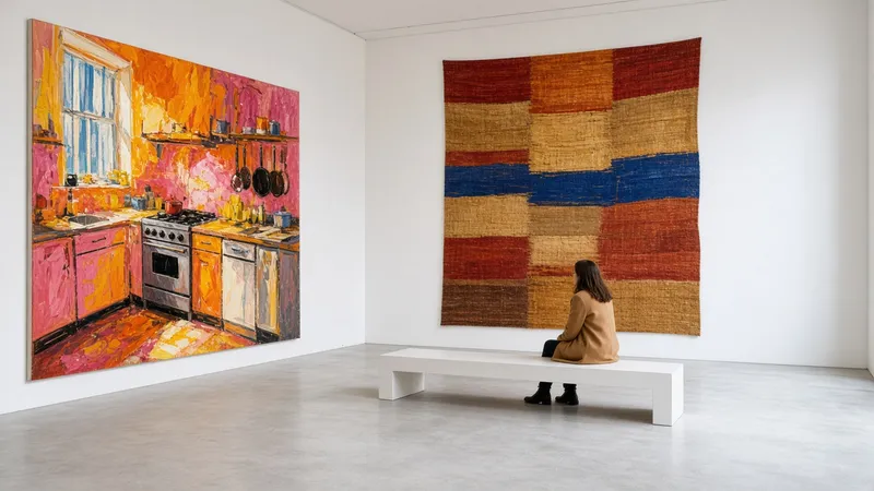 A visitor on a white bench between a large pink and orange kitchen painting and a red, ochre and blue weaving
