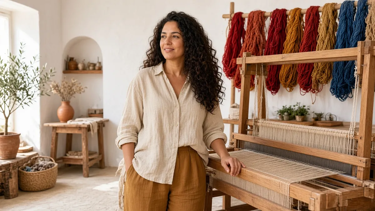 Lucía Ferrer in a linen shirt stands at a wooden loom with skeins of red, ochre and blue wool behind her