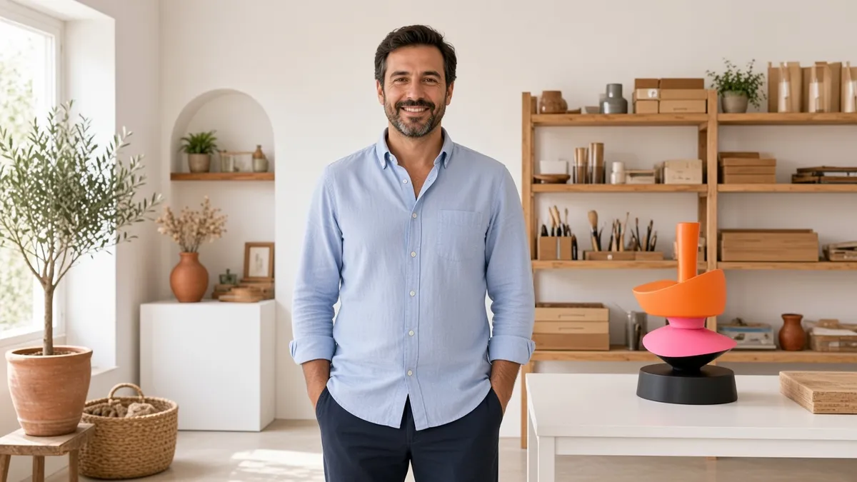 A man in a light blue shirt stands in a bright studio beside an orange, pink and black sculpture
