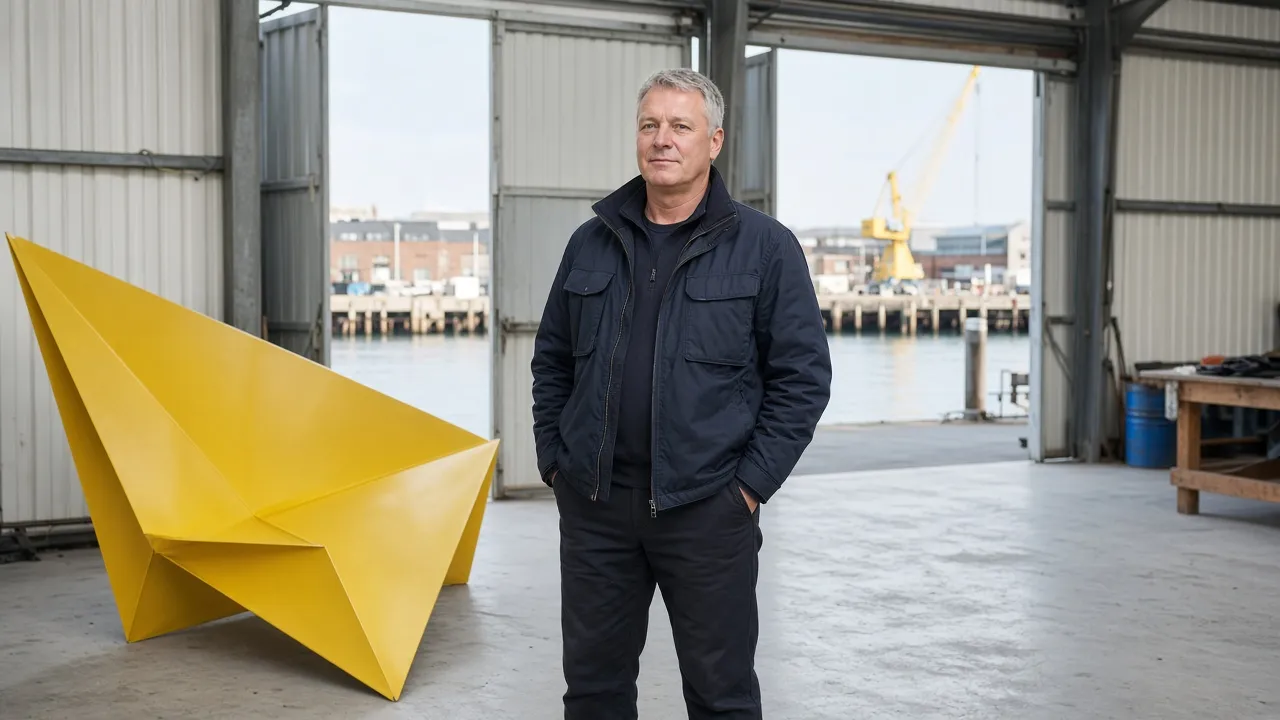Mikkel Dahl in a navy jacket stands beside a folded yellow aluminium sculpture in a harbour boat shed
