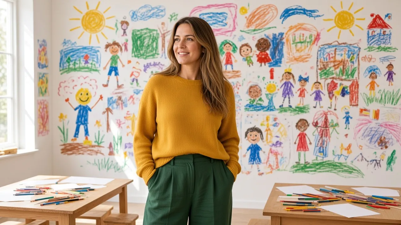 A woman in a mustard sweater stands in a studio in front of a wall of children's crayon drawings