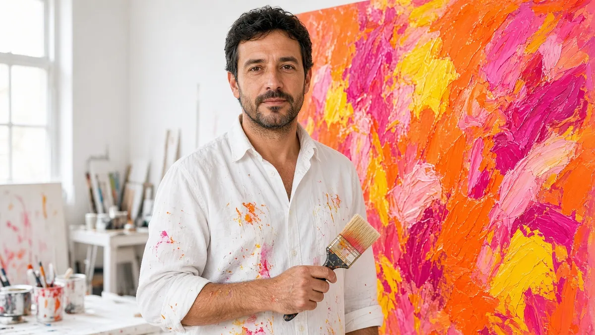 Pablo Arrieta in a paint marked white shirt holds a wide brush in front of a huge orange, pink and yellow canvas