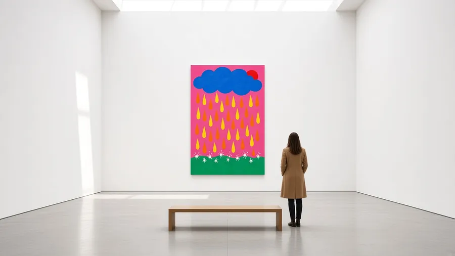 A visitor in a camel coat stands beside a tall pink painting of a blue cloud and orange and yellow rain in a white, skylit gallery with a bench