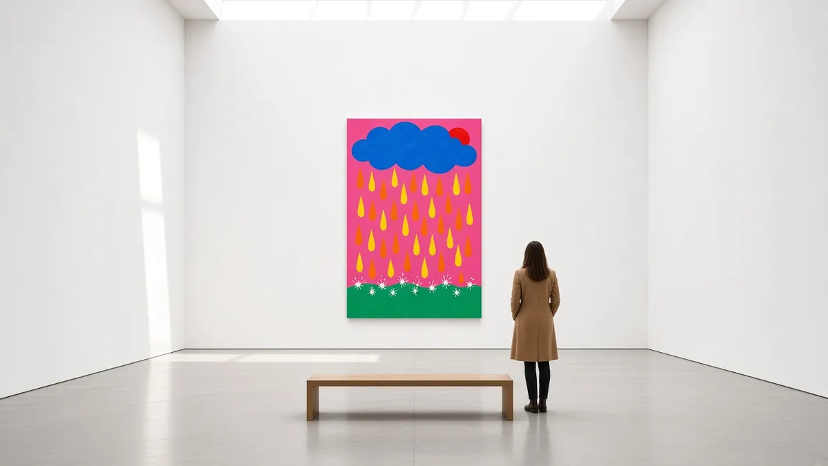 A visitor in a camel coat stands beside a tall pink painting of a blue cloud and orange and yellow rain in a white, skylit gallery with a bench