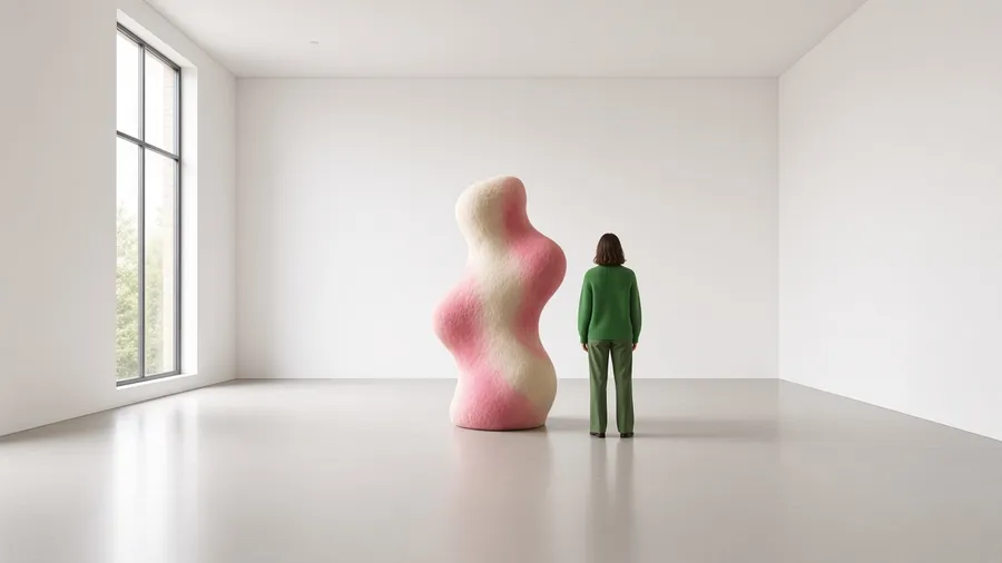 A visitor in a green knit stands beside a tall curving pink and cream felted wool sculpture in a white gallery