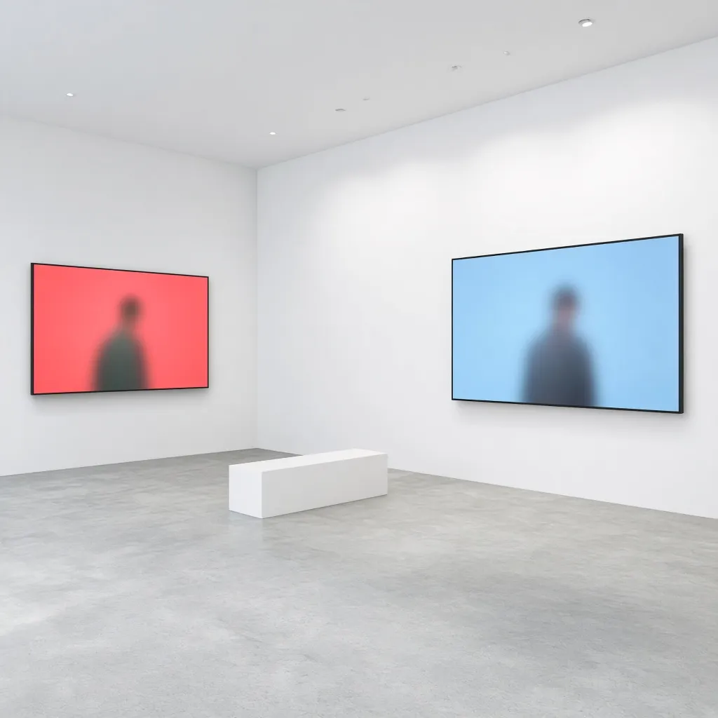 Two screens on white gallery walls, one coral and one pale blue, each showing a blurred figure, with a white bench between them