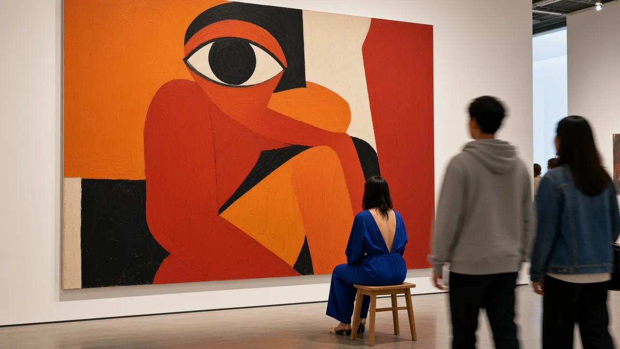 A performer in a blue jumpsuit sits on a stool before a huge orange, red and black painting of a figure with one eye, as visitors pass