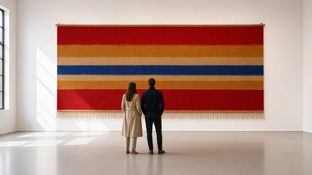 Two visitors look at a wide woven wall hanging in bands of red, ochre, cream and blue in a white gallery