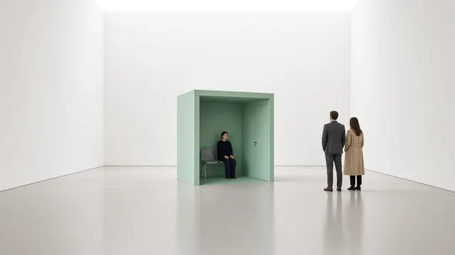 A performer sits on a single chair inside a mint green box room while two visitors watch in a white gallery