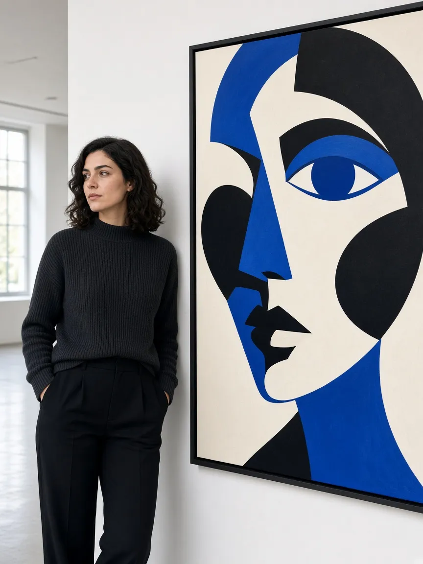 A curator in a dark knit leans against a white wall beside a large blue, black and cream painting of a face